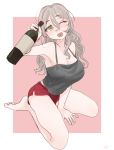  1girl absurdres bangs barefoot black_tank_top blush bottle breasts brown_eyes cleavage eyebrows_visible_through_hair grey_hair hair_between_eyes highres holding holding_bottle kantai_collection kosame_(iso) large_breasts long_hair open_mouth pola_(kantai_collection) red_shorts short_shorts shorts signature simple_background sitting solo tank_top two-tone_background wine_bottle 