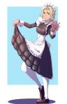  1girl absurdres alternate_costume apron black_shirt black_skirt blonde_hair blue_background blue_eyes catherine_(fire_emblem) enmaided fire_emblem fire_emblem:_three_houses frilled_apron frills from_side full_body grin hair_between_eyes hair_intakes highres lifted_by_self loafers long_skirt long_sleeves looking_at_viewer maid maid_headdress pantyhose shiny shiny_hair shirt shoes short_hair skirt skirt_lift smile solo standing sukkirito_(rangusan) two-tone_background waist_apron white_apron white_background white_legwear 