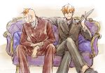  2boys blue_eyes couch dual_persona formal holding holding_weapon knife kobutya4696 larten_crepsley multiple_boys red_hair scar short_hair sitting smile suit the_saga_of_darren_shan the_saga_of_larten_crepsley time_paradox weapon younger 