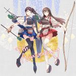  2girls akagi_(kantai_collection) anniversary arrow_(projectile) bangs black_legwear blue_hakama blush bow_(weapon) brown_gloves brown_hair closed_mouth flight_deck flower full_body gloves hakama hakama_skirt highres holding holding_arrow holding_bow_(weapon) holding_hands holding_weapon japanese_clothes kaga_(kantai_collection) kantai_collection kasumi_(skchkko) long_hair multiple_girls muneate partly_fingerless_gloves ponytail quiver red_hakama rigging sandals side_ponytail single_glove smile tasuki thighhighs weapon white_legwear yugake 