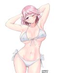 1girl alternate_costume ass_visible_through_thighs bare_shoulders bikini breasts covered_nipples cowboy_shot dated eyebrows_visible_through_hair giuseppe_garibaldi_(kantai_collection) highres kantai_collection large_breasts nansero navel one_eye_closed pink_hair purple_eyes short_hair simple_background solo swimsuit twitter_username white_background white_bikini 