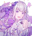  1girl :d bangs emilia_(re:zero) gloves hair_ornament highres holding holding_microphone idol long_hair microphone open_mouth puck_(re:zero) purple_eyes purple_neckwear re:zero_kara_hajimeru_isekai_seikatsu silver_hair smile solo upper_body white_background white_gloves wosinnk 