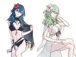  1girl bikini black_bikini blue_eyes blue_hair breasts byleth_(fire_emblem) byleth_(fire_emblem)_(female) cleavage closed_mouth clovisxvii cosplay crossed_legs dagger fire_emblem fire_emblem:_three_houses fire_emblem_heroes flower from_side green_eyes green_hair hair_flower hair_ornament highres looking_to_the_side multiple_views parted_lips rhea_(fire_emblem) rhea_(fire_emblem)_(cosplay) sheath sheathed simple_background swimsuit weapon white_background white_swimsuit 