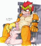  anthro balls blonde_hair blue_eyes bodily_fluids bowser breasts butt cum cum_in_pussy cum_inside dialogue duo fangs female genital_fluids genitals green_body hair hi_res horn humanoid interspecies male male/female mario_bros multicolored_body muscular muscular_anthro muscular_male nayaa nintendo nipples open_mouth open_smile orange_body penis precum princess_peach red_hair saliva simple_background smile tongue tongue_out video_games white_background 
