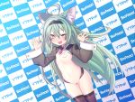  1girl :d ahoge akashi_(azur_lane) alternate_costume animal_ear_fluff animal_ears azur_lane bangs black_hairband blush breasts cat_ears cowboy_shot double_ok_sign dutch_angle fang green_hair hair_between_eyes hairband heart_pasties long_hair long_sleeves meme_attire nanaken_nana navel nipples open_mouth pasties purple_legwear red_neckwear reverse_bunnysuit reverse_outfit small_breasts smile sofmap_background solo step_and_repeat thighhighs very_long_hair yellow_eyes 