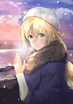  1girl bangs blonde_hair blue_coat blue_eyes closed_mouth coat eyebrows_visible_through_hair fate/apocrypha fate_(series) from_side fur_coat gorogoronemuri hair_between_eyes hat highres jeanne_d&#039;arc_(fate) jeanne_d&#039;arc_(fate)_(all) long_hair long_sleeves outdoors smile solo upper_body very_long_hair white_headwear winter 