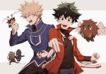  2boys anger_vein bakugou_katsuki blonde_hair blue_jacket boku_no_hero_academia cosplay duel_monster freckles green_hair highres jacket liyuchen1126 looking_at_viewer manjoume_jun midoriya_izuku multiple_boys open_mouth red_jacket simple_background white_background yuu-gi-ou yuu-gi-ou_gx yuuki_juudai 