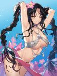  1girl arms_behind_head bare_shoulders bikini black_hair blush breasts citron_82 cleavage facial_mark fate/grand_order fate_(series) flower forehead_mark hair_flower hair_ornament highres large_breasts lips long_hair looking_at_viewer one_eye_closed parted_lips seductive_smile sesshouin_kiara smile solo swimsuit tagme teeth very_long_hair wavy_hair wet yellow_eyes 