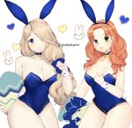  2girls :d :o animal_ears annette_fantine_dominic bell bell_collar blonde_hair blue_eyes blush bow breasts bunny bunny_ears bunny_girl bunnysuit cleavage collar fake_animal_ears fire_emblem fire_emblem:_three_houses grey_eyes hair_bow heart large_breasts leotard long_hair mercedes_von_martritz multiple_girls open_mouth orange_hair plushcharm smile wrist_cuffs 