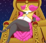  anthro breast_squish breasts chair delphox diane_fireheart fur furniture hi_res jewelry male nintendo pink_body pink_fur pok&eacute;mon pok&eacute;mon_(species) solo squish thick_thighs throne video_games yellow_body yellow_eyes yellow_fur zieis 
