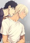  2boys akai_shuuichi amuro_tooru black_hair black_shirt blonde_hair blue_eyes blush casual collared_shirt commentary_request dark_skin dark_skinned_male from_side gradient gradient_background grey_background hidden_face kiss male_focus mashima_shima meitantei_conan multiple_boys neck_kiss open_mouth parted_lips shirt simple_background sweat twitter_username upper_body white_shirt yaoi 