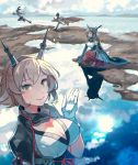  4girls black_hair blonde_hair blue_sky breasts brown_hair cape cleavage cloud day dress gloves green_eyes hairband headgear highres kantai_collection kasumi_(skchkko) large_breasts long_hair looking_at_viewer multiple_girls mutsu_(kantai_collection) nagato_(kantai_collection) ocean outdoors radio_antenna red_eyes red_neckwear reflection remodel_(kantai_collection) running sailor_dress shimakaze_(kantai_collection) short_hair sky thighhighs water white_gloves yukikaze_(kantai_collection) 