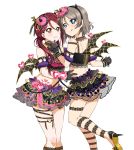  2girls absurdres bangs black_gloves black_hairband black_skirt black_wings blue_eyes closed_mouth crop_top fake_horns gloves grey_hair grin hair_between_eyes hair_ornament hair_over_shoulder hairband high_heels highres horns layered_skirt long_hair love_live! love_live!_sunshine!! midriff mini_wings miniskirt multiple_girls red_hair sakurauchi_riko shiny shiny_hair short_hair shoulder_blades simple_background skirt smile standing standing_on_one_leg stomach tongue tongue_out twintails watanabe_you white_background wings yellow_eyes yuchi_(salmon-1000) 