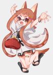 1girl :d animal_ears arms_up bandaid bandaid_on_leg bangs black_footwear black_shorts blunt_bangs bone_hair_ornament bracelet brown_eyes brown_hair clothes_writing coin_purse commentary dog_ears dog_tail dolphin_shorts domino_mask fang grey_background grey_shirt inkling jewelry jumping kemonomimi_mode legs_up long_hair looking_at_viewer maco_spl mask open_mouth paw_print pointy_ears sandals shirt short_shorts short_sleeves shorts simple_background smile solo splatoon_(series) symbol_commentary t-shirt tail tentacle_hair translated very_long_hair 