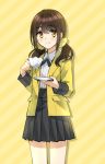  1girl bangs black_skirt brown_hair closed_mouth cup highres holding holding_cup holding_saucer jacket long_sleeves looking_at_viewer low_twintails open_clothes original saucer scrunchie skirt solo somechime_(sometime1209) standing teacup twintails yellow_eyes yellow_jacket yellow_scrunchie 