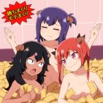  3girls =_= azazel_(gabriel_dropout) between_breasts black_hair breasts closed_eyes closed_mouth collarbone commentary_request convenient_censoring curled_horns demon_horns fang gabriel_dropout highres horns kurumizawa_satanichia_mcdowell long_hair medium_breasts multiple_girls navel nude open_mouth purple_eyes purple_hair red_hair shirosato sweat tile_wall tiles translation_request tsukinose_vignette_april twintails upper_body wavy_mouth 