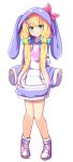  1girl alternate_costume alternate_hairstyle animal_ears animal_hood bangs baram blonde_hair blue_bow blunt_bangs blush bow bunny_ears bunny_hood candy_hair_ornament candy_wrapper clothes_writing drawstring eyebrows_visible_through_hair fake_animal_ears flower food_themed_hair_ornament full_body green_eyes hair_bow hair_flower hair_ornament highres hood hood_up hoodie knees_together_feet_apart long_hair long_sleeves looking_at_viewer low_twintails mononobe_alice nijisanji parted_lips pink_flower pink_footwear purple_hoodie red_bow romaji_text shoes simple_background sleeves_past_wrists smile socks solo standing star_(symbol) star_hair_ornament striped striped_bow twintails very_long_hair virtual_youtuber white_background white_legwear wide_sleeves 