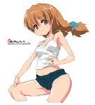  1girl aliasing aqua_bow bangs blue_bow blue_shorts blush bow braid breasts brown_hair cameltoe cleavage collarbone commentary_request covered_nipples cropped_legs disconnected_mouth eyebrows_visible_through_hair frayed_clothes groin_tendon hair_bow hand_on_hip hand_on_own_knee knee_up looking_at_viewer midriff navel onija_tarou original shiny shiny_hair shiny_skin shirt short_shorts shorts simple_background sleeveless smile solo tank_top thighs twin_braids twintails watermark web_address white_background white_nails white_shirt 