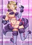  1girl ;d animal_ear_fluff animal_ears bangs bare_shoulders bikini blush breasts brown_hair cameltoe claw_pose claws cleavage commentary_request dangerous_beast elbow_gloves eyebrows_visible_through_hair fake_animal_ears fang fate/grand_order fate_(series) full_body fur-trimmed_gloves fur-trimmed_legwear fur_collar fur_trim gloves groin halloween_costume heart high_heels highres large_breasts looking_at_viewer navel o-ring o-ring_top one_eye_closed open_mouth poke_ball_symbol pokemon pokemon_(anime) pokemon_xy_(anime) purple_background purple_bikini purple_gloves purple_legwear revealing_clothes serena_(pokemon) shadow short_hair sidelocks signature smile solo stomach swimsuit tail takecha thighhighs underboob wolf_ears wolf_tail 