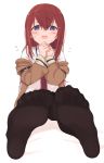  1girl bangs black_legwear blue_eyes blush embarrassed eyebrows_visible_through_hair feet hair_between_eyes highres jacket kahlua_(artist) long_hair long_sleeves makise_kurisu necktie no_shoes open_mouth pantyhose pov_feet red_hair red_neckwear shirt simple_background sitting soles solo steins;gate sweat white_background white_shirt 