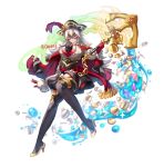  1girl anchor breasts cape closed_mouth coin conope domino_mask fire_emblem fire_emblem_heroes full_body gem gloves grey_hair hat high_heels holding long_hair long_sleeves mask pirate_costume pirate_hat red_eyes red_gloves solo thrasir_(fire_emblem) twitter_username 
