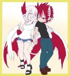  1boy 1girl bare_shoulders black_bra black_footwear black_shirt boots bra bra_strap breasts brown_footwear chibi cleavage closed_eyes couple demon_boy demon_girl demon_horns denim denim_shorts dragon_wings feathered_wings holding_hands horns husband_and_wife jeans large_breasts long_hair lorem_(musuko_ga_kawaikute_shikatanai_mazoku_no_hahaoya) musuko_ga_kawaikute_shikatanai_mazoku_no_hahaoya nedgia1421 one_eye_closed pants red_eyes red_hair red_horns red_wings sandals scar shirt short_hair shorts underwear white_hair white_horns white_shirt wings zeke_(musuko_ga_kawaikute_shikatanai_mazoku_no_hahaoya) 