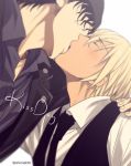  2boys akai_shuuichi amuro_tooru arm_around_neck beanie black_hair black_headwear black_jacket black_neckwear black_shirt black_vest blonde_hair closed_eyes collared_shirt commentary_request dark_skin dark_skinned_male english_text hand_on_another&#039;s_shoulder hat jacket kiss kiss_day male_focus mashima_shima meitantei_conan multiple_boys necktie open_clothes open_jacket shirt twitter_username upper_body vest white_shirt yaoi 