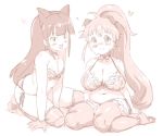  2girls animal_ears bangs blush bra breasts cat_ears cleavage dog_ears heart large_breasts long_hair monochrome multiple_girls ponytail randou sidelocks simple_background sitting small_breasts smile thighhighs underwear underwear_only wariza white_background working!! 