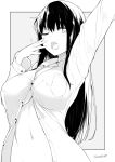 1girl black_hair breasts kichihachi large_breasts long_hair long_sleeves monochrome navel one_eye_closed original shirt solo unbuttoned 