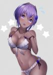  1girl bangs banned_artist bare_shoulders bikini blush breasts cleavage collarbone dark_skin fate/prototype fate/prototype:_fragments_of_blue_and_silver fate_(series) hassan_of_serenity_(fate) kyoeiki looking_at_viewer medium_breasts navel open_mouth purple_eyes purple_hair short_hair swimsuit white_bikini 
