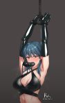  1girl absurdres armpits arms_up bdsm blue_eyes blue_hair bondage bound breasts byleth_(fire_emblem) byleth_(fire_emblem)_(female) chain cleavage criss-cross_halter cuffs dildo_gag elbow_gloves fire_emblem fire_emblem:_three_houses gag gloves grey_background halterneck highres hook k52 large_breasts saliva signature sweat tongue 