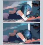  1girl absurdres bangs blue_eyes blue_hair blue_nails blunt_bangs can hand_on_own_arm highres huge_filesize indoors lying on_stomach original pillow plant richard_(ri39p) shirt short_hair sleeveless sleeveless_shirt 