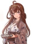  1girl ahoge alternate_costume baozi breasts brown_hair commentary_request double_bun food hairband head_tilt japanese_clothes kantai_collection kimono kongou_(kantai_collection) large_breasts long_hair looking_at_viewer purple_eyes simple_background solo upper_body white_background white_kimono wss_(nicoseiga19993411) yukata 