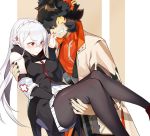  1boy 1girl aak_(arknights) absurdres arknights armband bangs bare_shoulders black_gloves black_hair black_legwear black_nails black_shirt braid breasts carrying clearhand clenched_teeth coat crown_braid elbow_gloves eyebrows_visible_through_hair feet_out_of_frame furry gloves highres huge_filesize long_hair medium_breasts nail_polish open_clothes open_coat pantyhose parted_lips pointy_ears princess_carry red_eyes shirt silver_hair sleeveless sleeveless_shirt teeth thighs warfarin_(arknights) 