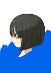  1girl absurdres bangs black_eyes black_hair blue_background closed_mouth commentary_request hair_between_eyes highres original portrait profile short_hair solo turquoise_iro two-tone_background white_background 