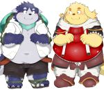  2020 anthro armor belly black_nose blush canid canine canis clothing cu_sith_(tas) domestic_dog duo harima hi_res hoodie kemono male mammal overweight overweight_male poketalesof scarf simple_background tamakore tokyo_afterschool_summoners topwear video_games white_background 