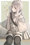  1girl animal_ear_fluff animal_ears arknights black_footwear boots character_name commentary feet_out_of_frame grey_eyes hand_up highres jacket ksartworks leaf long_hair platinum_(arknights) revision short_shorts shorts silver_hair sitting solo thigh_boots thighhighs very_long_hair white_jacket white_shorts 