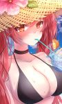  1girl azur_lane bare_shoulders bikini black_bikini blush breasts cocktail cocktail_glass cup drinking_glass flower hat highres honolulu_(azur_lane) honolulu_(summer_accident?!)_(azur_lane) large_breasts long_hair looking_at_viewer poco. red_eyes red_hair sun_hat swimsuit twintails very_long_hair wet 