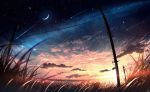  bird city_lights cloud dark grass highres moon no_humans original scenery sky skyrick9413 star_(sky) sunset sword weapon 