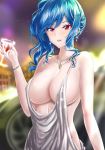  1girl azur_lane backless_dress backless_outfit bangs bare_shoulders black_yu blue_hair blue_nails blurry blurry_background bracelet breasts cleavage collarbone cowboy_shot cup dress drinking_glass earrings evening_gown grey_dress hair_ornament hairclip halter_dress highres holding holding_cup jewelry large_breasts medium_hair nail_polish necklace plunging_neckline red_eyes revealing_clothes side_ponytail sidelocks silver_dress solo st._louis_(azur_lane) st._louis_(luxurious_wheels)_(azur_lane) wine_glass 