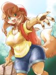  2020 anthro backpack baseball_cap bottomwear breasts brown_hair canid canine canis clothed clothing domestic_dog female green_eyes hair hat headgear headwear kemono mammal open_mouth pawpads setouchi_kurage shirt shorts solo topwear 
