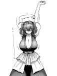  1girl arms_up breasts cleavage closed_eyes cowboy_shot dress greyscale hair_bobbles hair_ornament huge_breasts koyubi_(littlefinger1988) monochrome onozuka_komachi puffy_short_sleeves puffy_sleeves sash short_sleeves simple_background solo standing stretch touhou two_side_up white_background 
