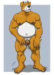  2020 anthro balls belly blue_eyes brown_body brown_fur canid canine canis chestnuts_(artist) domestic_dog flaccid fur genitals male mammal moobs nipples overweight overweight_anthro overweight_male penis simple_background solo white_body white_fur 