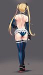  1girl ass back backless_outfit bangs bare_shoulders black_ribbon blonde_hair blue_legwear blue_leotard breasts dead_or_alive dead_or_alive_5 elbow_gloves full_body gloves grey_background hair_ribbon highres legs leotard long_hair marie_rose ribbon simple_background small_breasts thighs twintails yang-do 