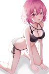  1girl absurdres all_fours bare_arms bare_shoulders bikini black_bikini breasts cleavage highres looking_at_viewer lucid maplestory medium_breasts muyang open_mouth pink_hair pointy_ears red_eyes shadow short_hair side-tie_bikini simple_background smile solo swimsuit thighs white_background 