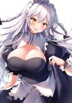  1girl :d absurdres azur_lane bangs blush bow braid breasts chain cleavage cuffs dress hair_between_eyes hat heart heart-shaped_pupils hermione_(azur_lane) highres large_breasts long_hair looking_at_viewer maid_headdress nenobi_(nenorium) open_mouth shackles short_sleeves silver_hair smile solo symbol-shaped_pupils twin_braids very_long_hair 