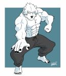  2020 anthro bottomwear clothing fur hi_res kurumiken male mammal muscular muscular_anthro muscular_male pecs simple_background solo ursid white_body white_fur 