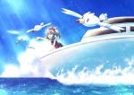 1girl bangs boat bow_hairband brown_hair cloud commentary_request day floating_hair gen_3_pokemon hairband hand_up haruka_(pokemon) kokoroko light_rays open_mouth outdoors outstretched_hand pokemon pokemon_(creature) pokemon_(game) pokemon_oras red_hairband red_tank_top sky splashing sunbeam sunlight tank_top water watercraft wingull 
