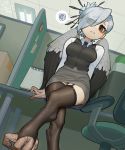  4_toes accipitriform animal_humanoid anisodactyl avian avian_humanoid bird brown_eyes claws clothed clothing cubicle feathers female frustrated garter_straps hair hi_res humanoid inside legwear office scales secretary_bird sitting solo sparrowl thigh_highs toes upskirt white_hair wings 