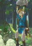  1boy absurdres arrow_(projectile) blue_eyes blue_tunic brown_footwear closed_mouth dappled_sunlight foreshortening grass highres holding_rock link male_focus outdoors pointy_ears rock sad shield solo standing sunlight the_legend_of_zelda the_legend_of_zelda:_breath_of_the_wild tree turquoise_iro 